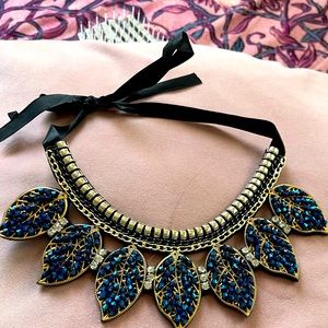 Blue gold crystal leaf satin ribbon necklace